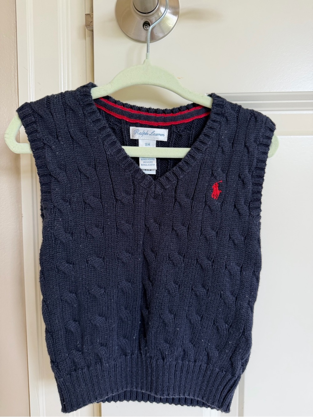 Ralph Lauren Navy Cable Knit V‑Neck Vest with Red logo